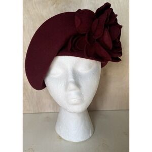 Deborah Fashions Burgundy Wool Beret Hat Floral Accent Made USA